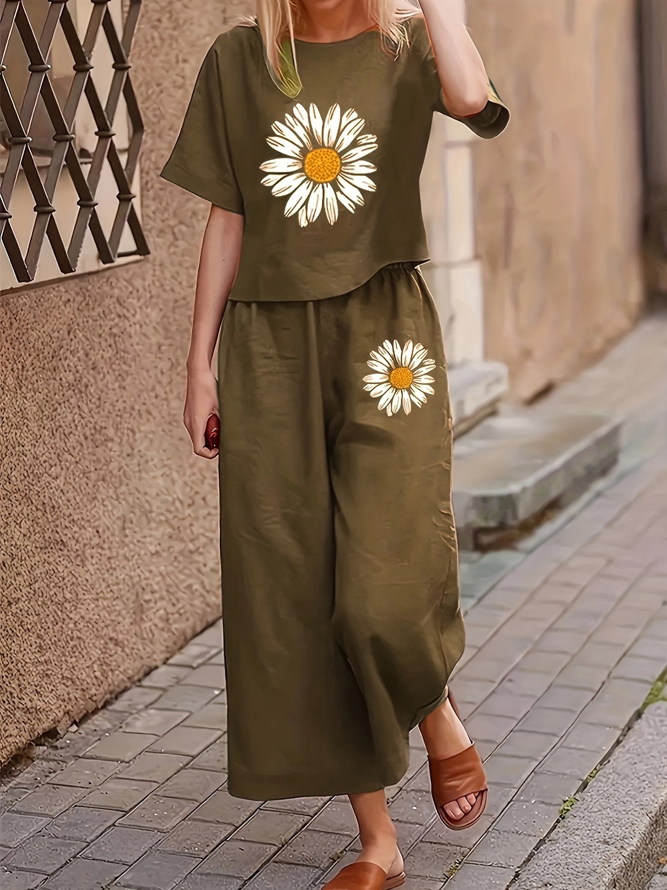 Cat Ear Floral Print Short Sleeve Long Pants Casual Comfort Women's Two-Piece Set