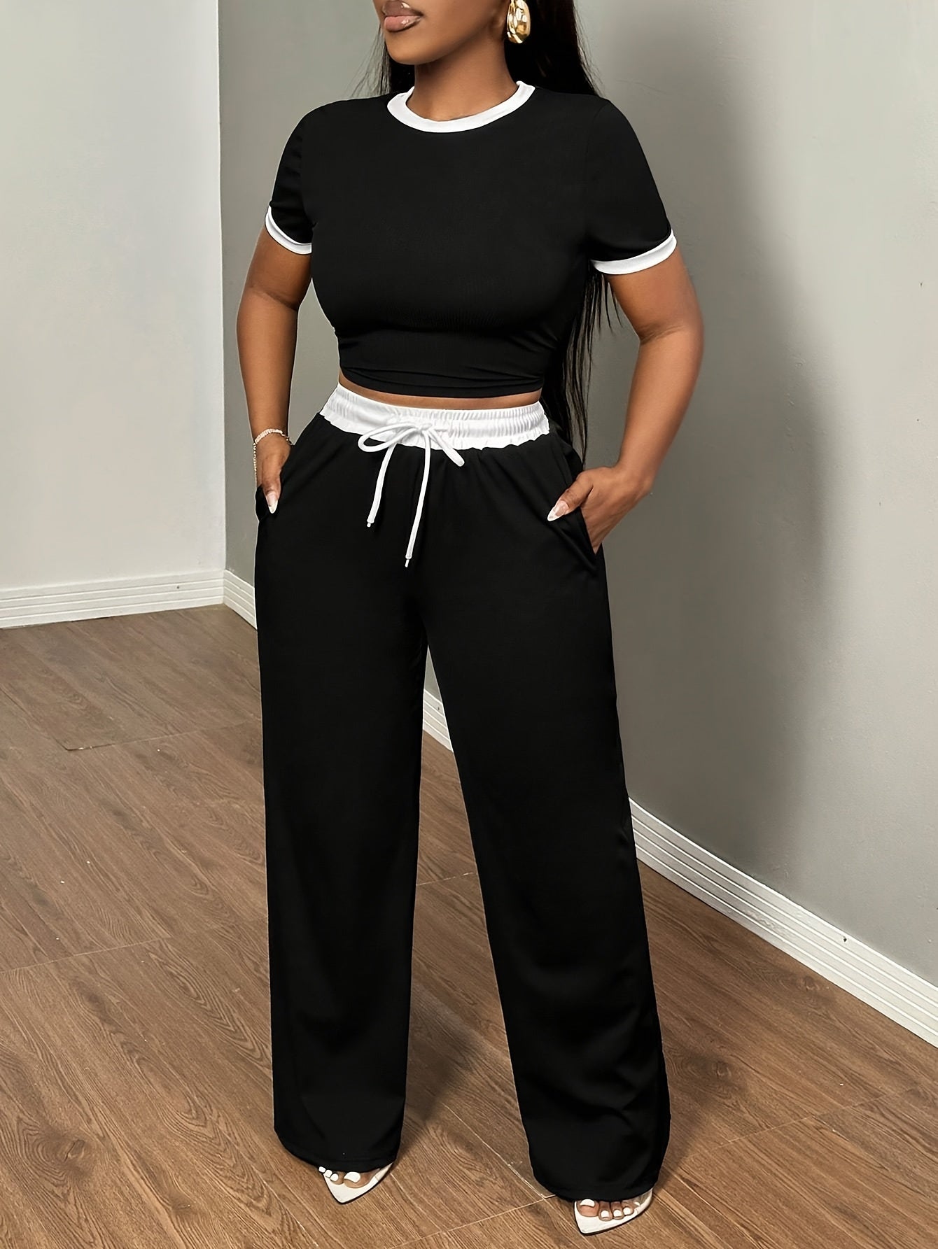 Round Neck Contrast Color Fashion Commuting Wearable Short Sleeve Wide Leg Pants 2pcs Women's Pajama Set