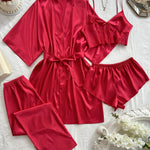 Women'S V-Neck Sexy Comfortable Robe Set with Mini Spaghetti Strap Shorts and Long Pants, Four Pieces