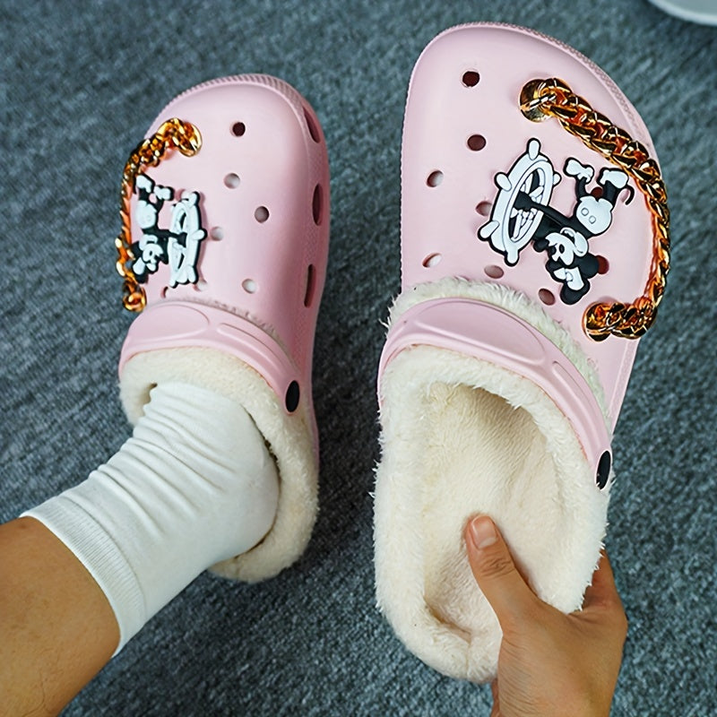 Women's Winter Thermal Clogs – Cartoon Pattern, EVA Sole, Fabric Liner, Golden Chain Detail