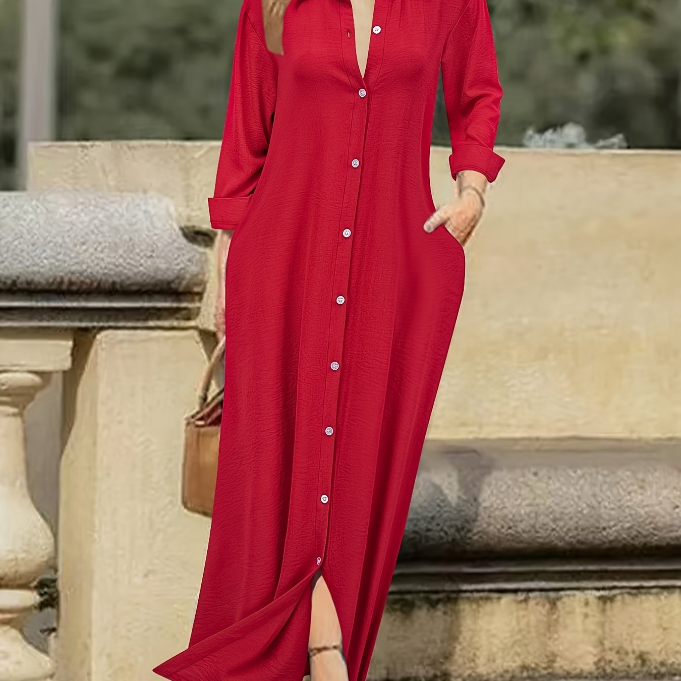 Women's Long Sleeve Shirt Dress - Casual Solid Color Polyester Button-Up with Woven Fabric, Adult All-Season Fashion Dress with Collar