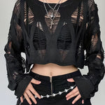 Solid Cut Out Crop Knitted Sweater, Cute Long Sleeve Crew Neck Sweater For Spring & Summer, Women's Clothing