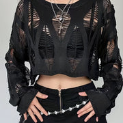 Solid Cut Out Crop Knitted Sweater, Cute Long Sleeve Crew Neck Sweater For Spring & Summer, Women's Clothing