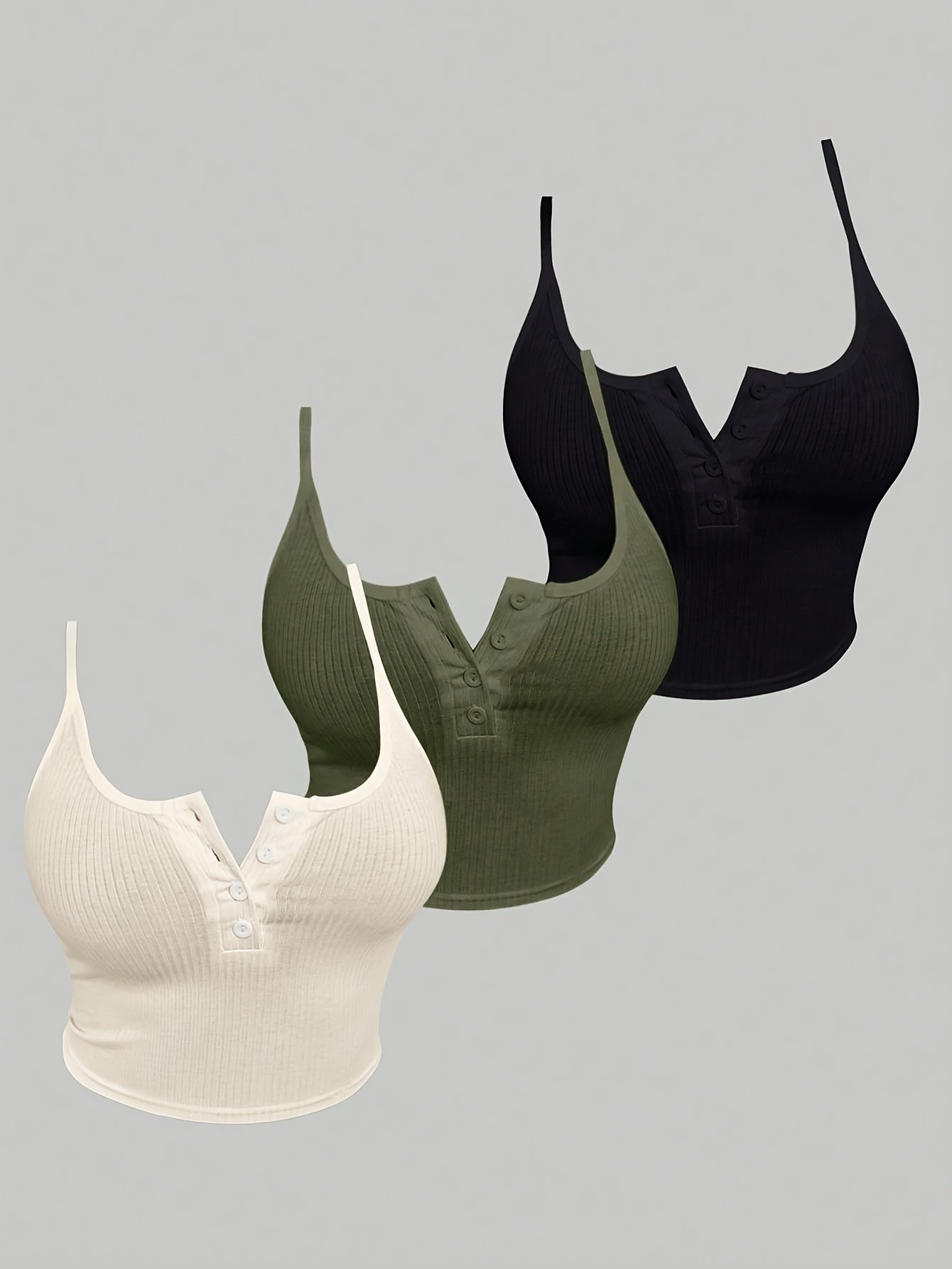 3pcs Set Women'S Knit Polyester Tank Tops with Button Detail, Casual Solid Color Slingback Camisoles, 95% Polyester 5% Elastane, All-Season Spaghetti Strap Tops