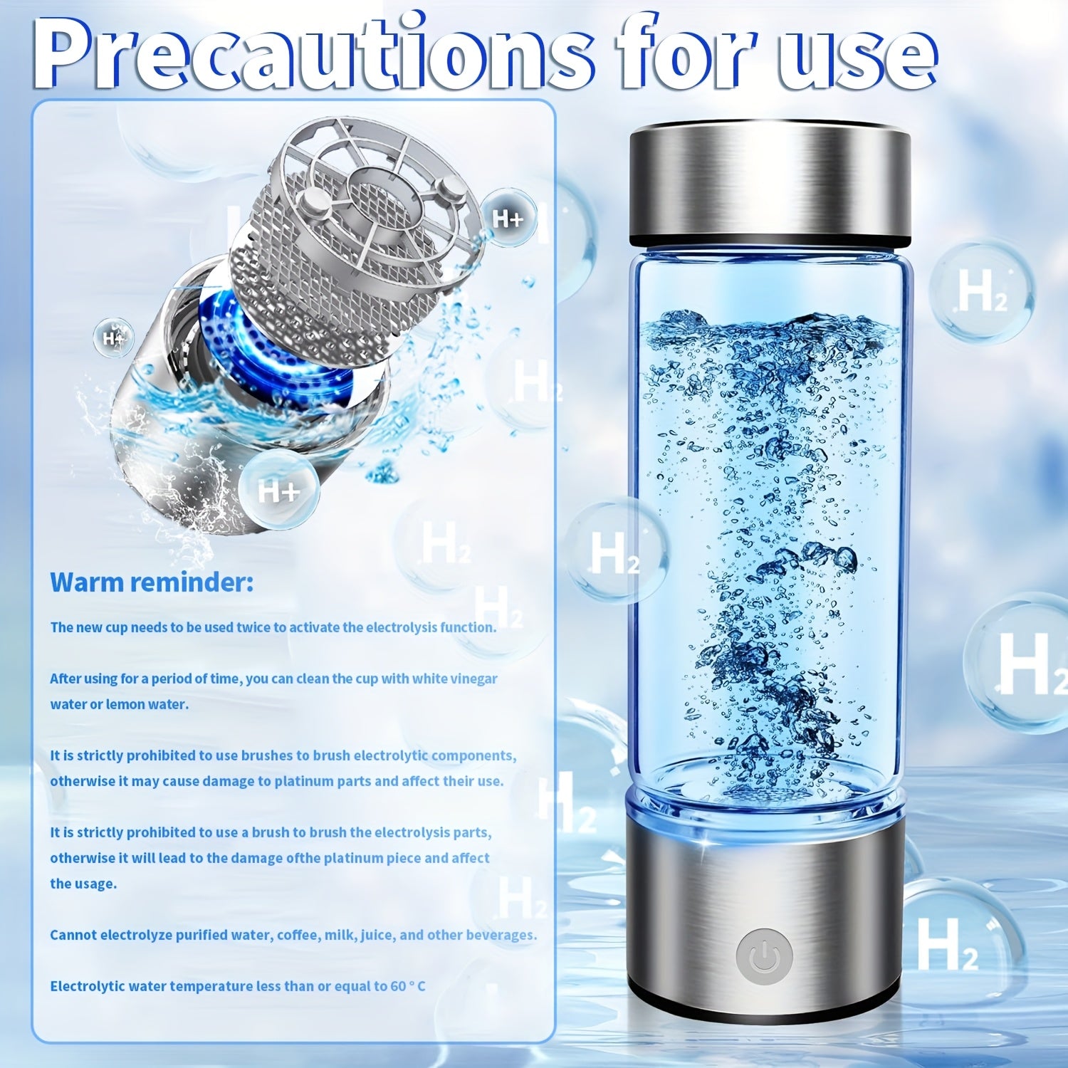 Portable hydrogen water bottle, upgraded version of 1000mAh rich in hydrogen water cup, rechargeable electrolytic hydrogen generator for 3 minutes, bubble machine spare parts, suitable for home office travel fitness