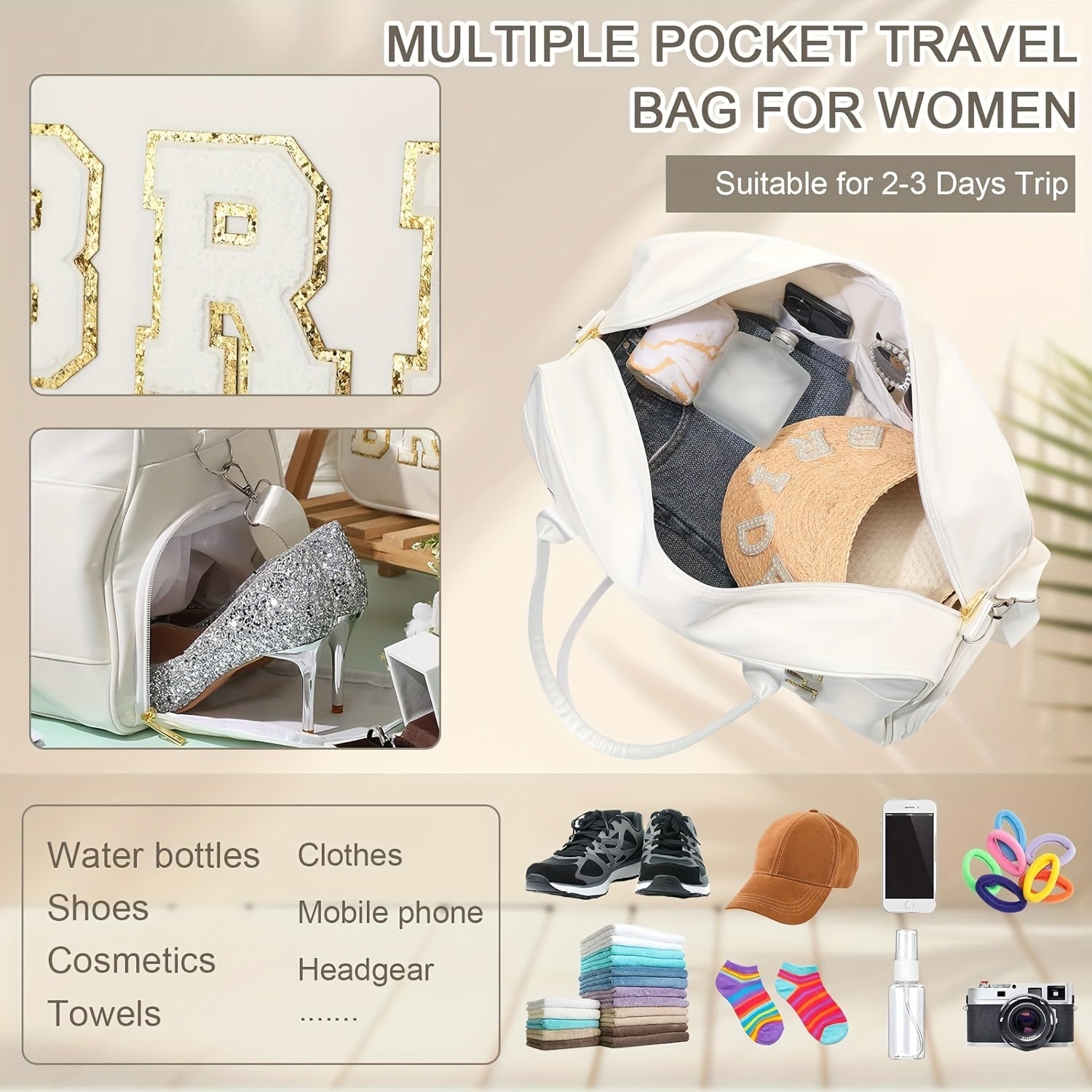 2pcs Wedding Weekender Bag Bride Groom Duffle Bag Chenille Letter Patch Travel Bag for Bridal Shower Honeymoon Gift(Bride)