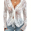 Women's Sheer Blue Lace Tie-Front Blouse - Long Sleeve V-Neck Floral Top for Casual & Clubwear, High Stretch Polyester Fabric, Elegant Ruffled Detailing, Casual Clubwear | Floral Lace Design | Intricate Lace Texture