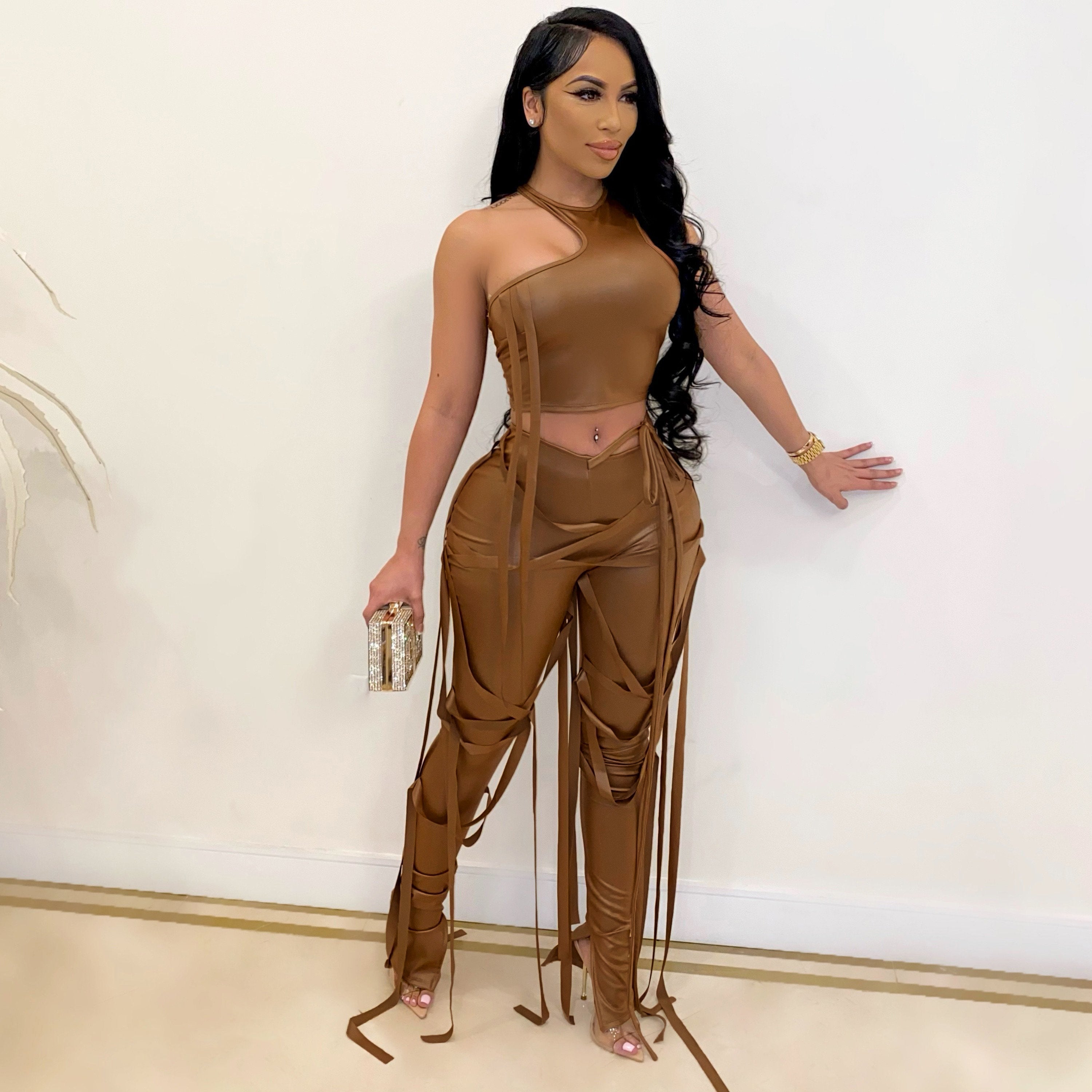 Chic Solid Two-piece Outfit Set - Trendy Asymmetrical Sleeveless Top & Slim-Fit Pants - Flattering Womens Wardrobe Essential