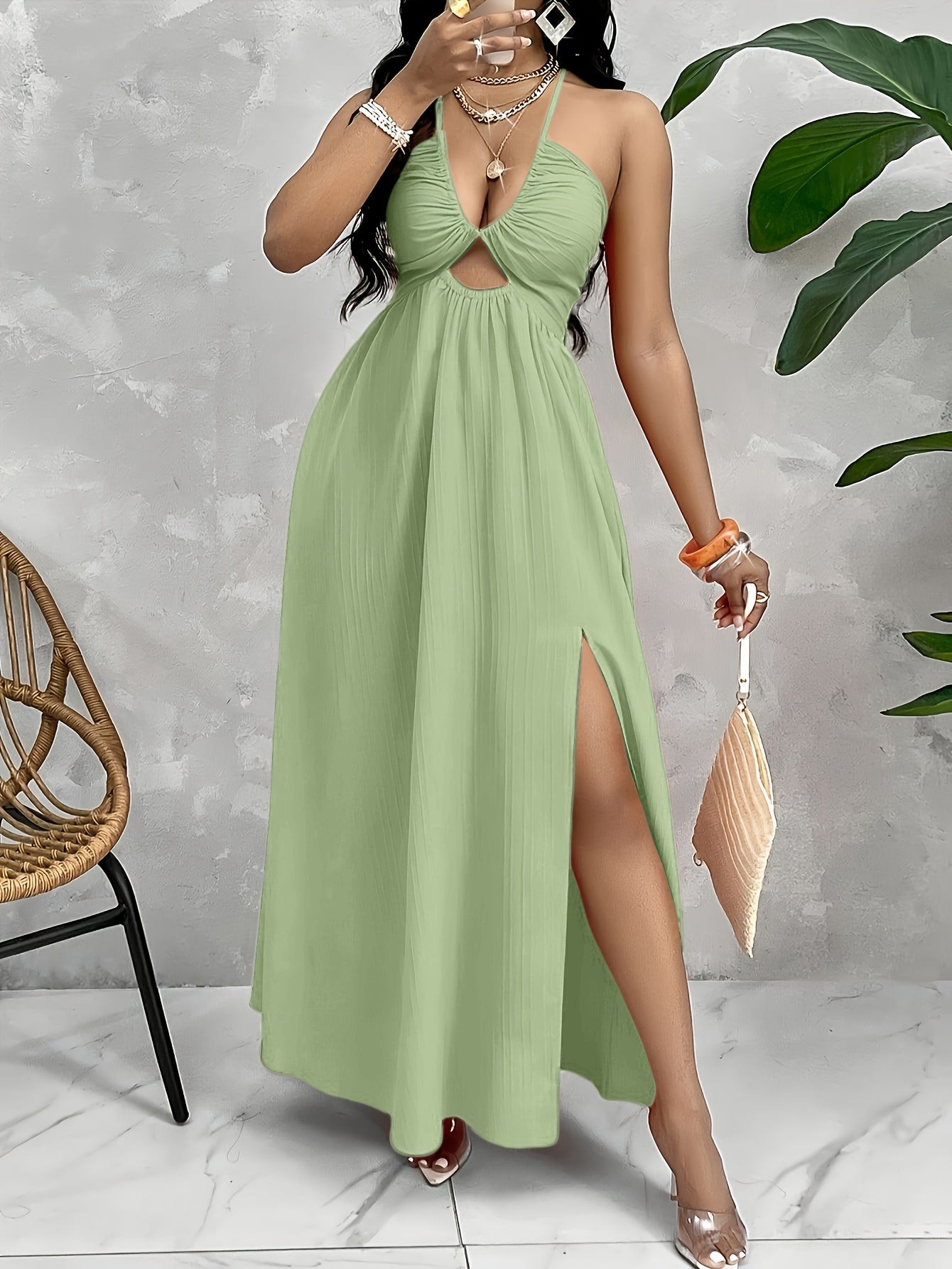 Stylish Women's Sexy Backless Split Dress - Vibrant Orange, Halter Neck, High-Waisted A-Line Cut, Polyester, Perfect for Spring/Summer, Evening Attire | Halter Neck Dress | Glossy Texture