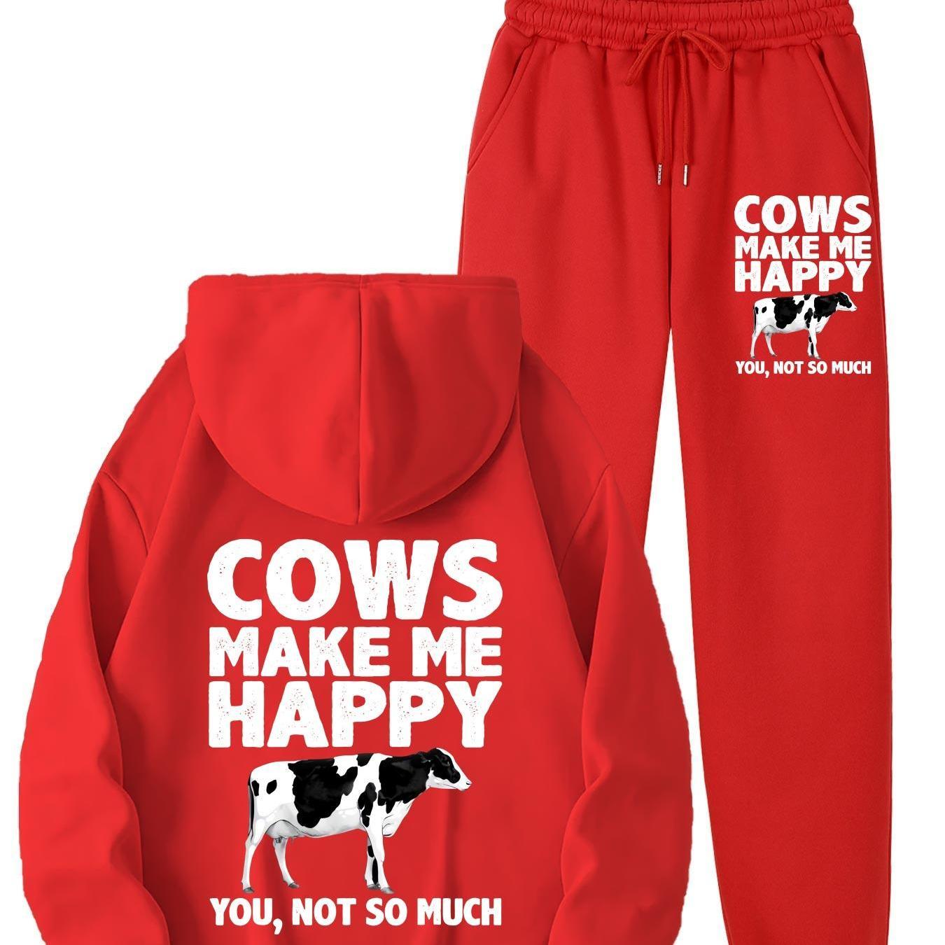 1set Women'S Casual Sportswear with Cow Print, Polyester 100% Long Sleeve Hoodie and Joggers Set, Crew Neck, All-Season Knit Fabric with Pockets