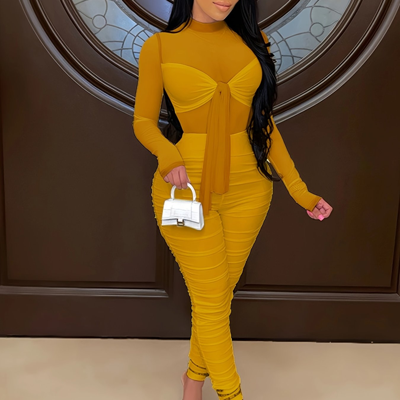 Women's Sexy High Neck Semi-Sheer Mesh suit with Metal Chain Accents - Bodycon Long Sleeve Spring , Mustard Yellow, Machine Washable