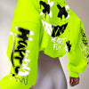 Women's Vibrant Neon Green Graffiti Print Sweatshirt -"HAPPY" & Heart Graphic, Long Sleeve, Lightweight Polyester Blend, Machine Washable, Style