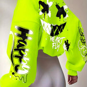 Women's Vibrant Neon Green Graffiti Print Sweatshirt -"HAPPY" & Heart Graphic, Long Sleeve, Lightweight Polyester Blend, Machine Washable, Style