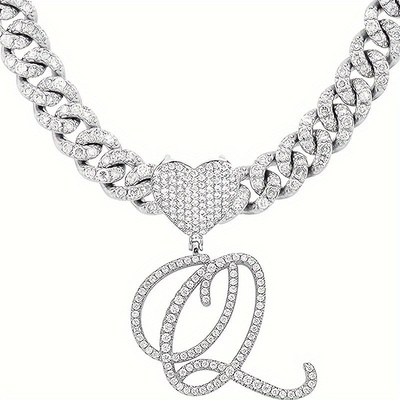 Silvery Cuban Link Necklace - Heart-shaped Alphabet Pendant on Ice Chain - Unisex Hip-hop Jewelry Gift