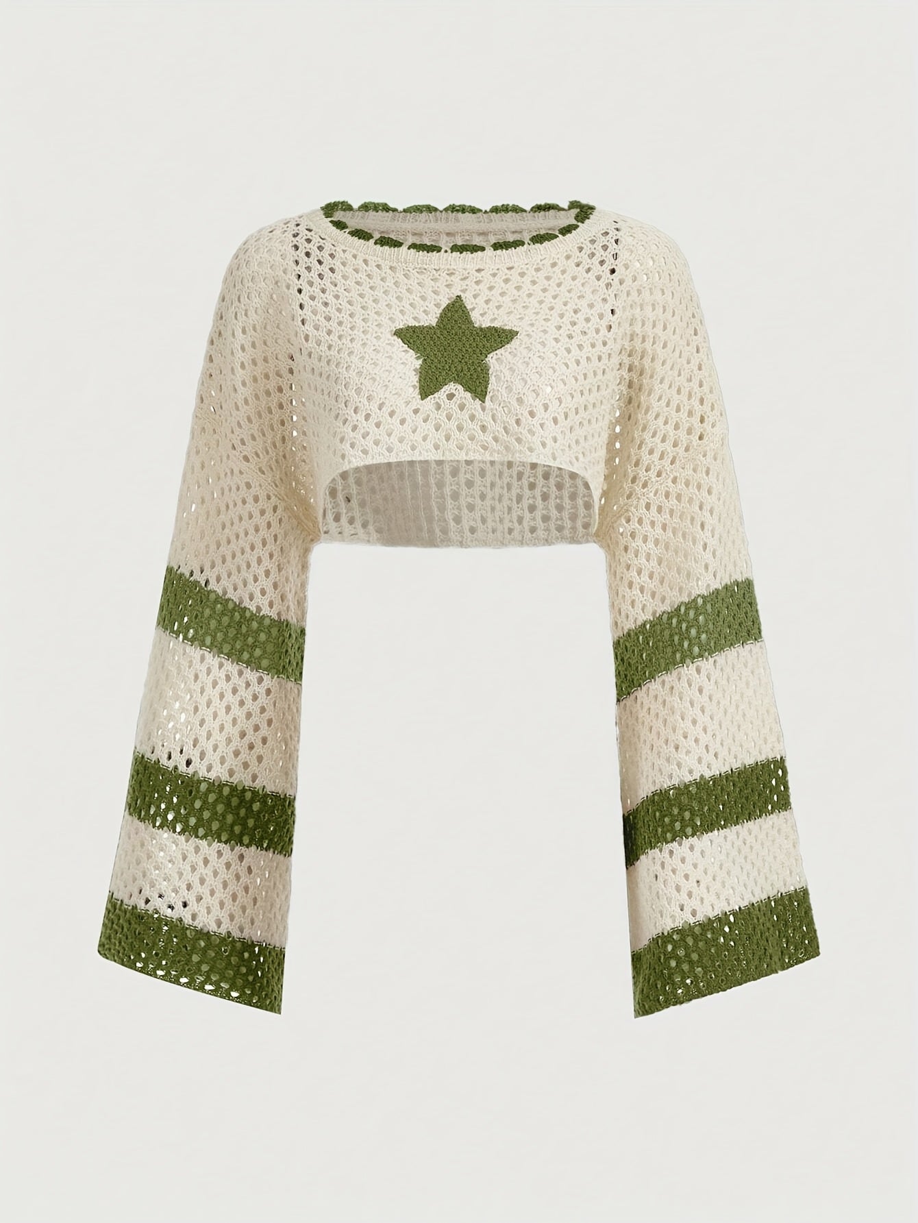 Chic Color Block Striped Crop Sweater - Casual Round Neck, Long Sleeve, Semi-Sheer Knit Top for Women, Polyester, Perfect for All Seasons, Knit Sweater