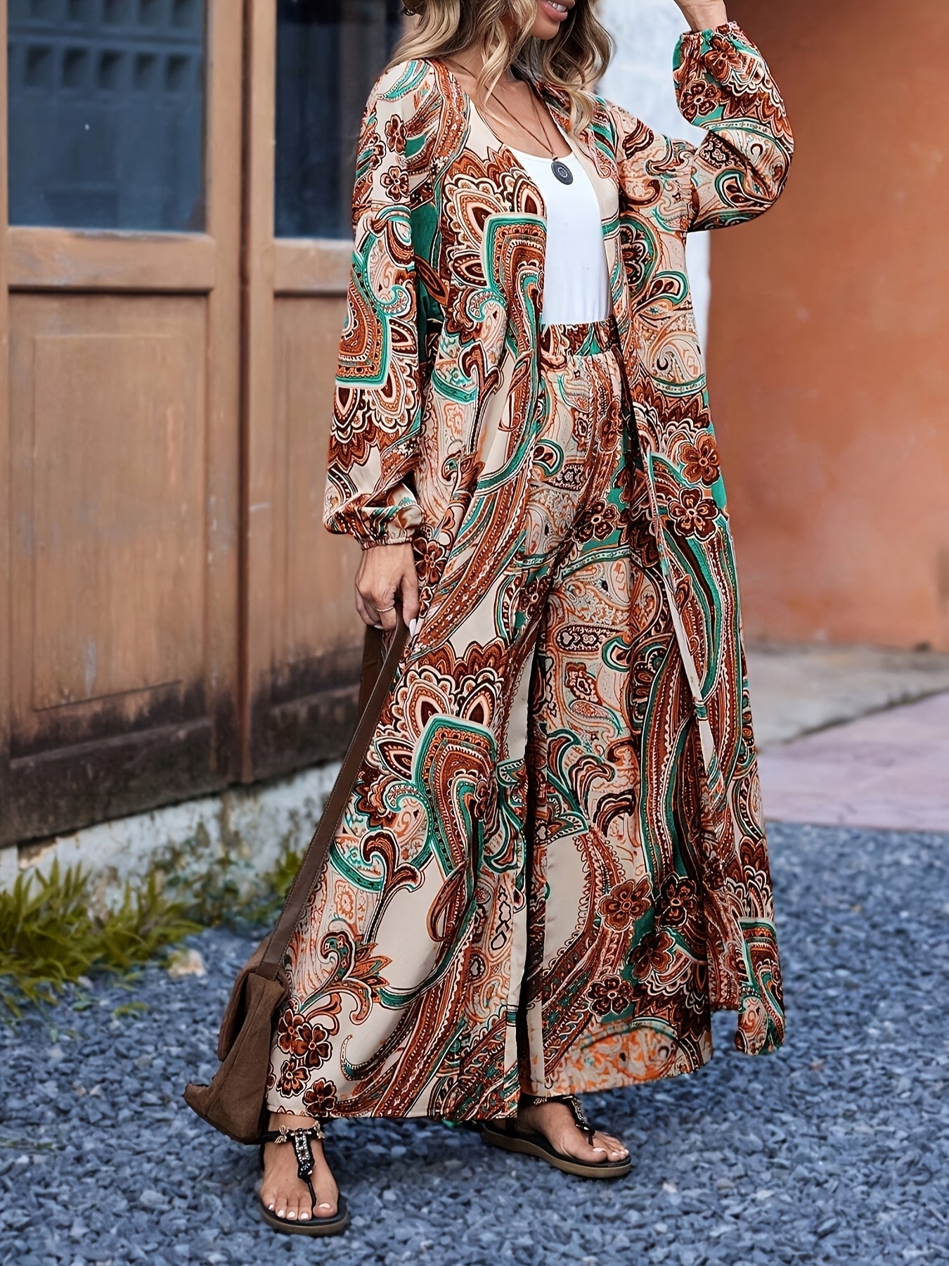 Elegant Floral Print Long Open Front Cardigan with Wide-Leg Pants Set for Women, Polyester, Machine Washable - Spring/Summer Collection