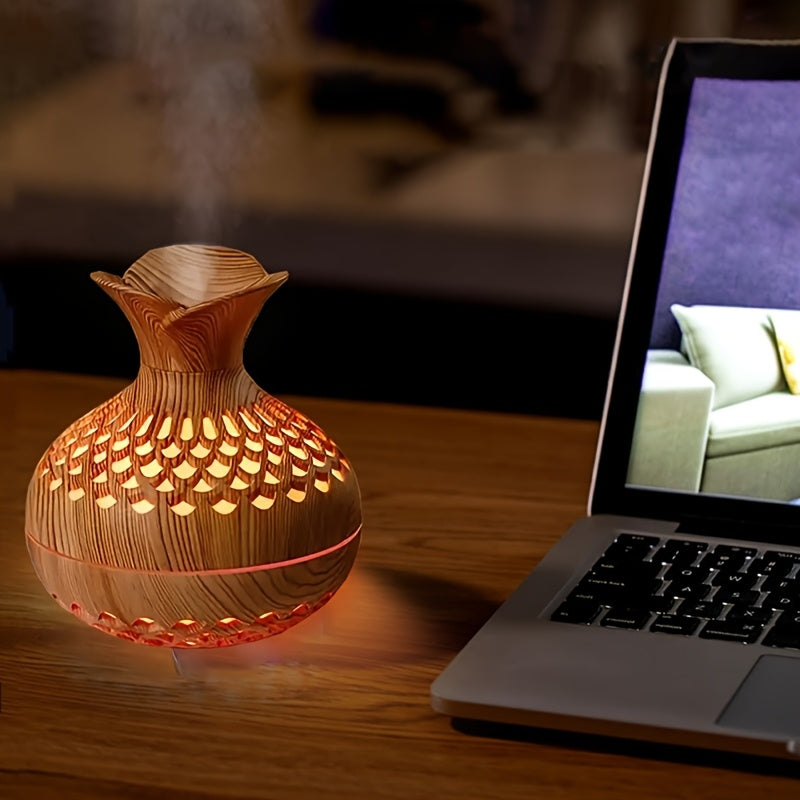 1pc Yethke Flower Air Warm Humidifier with Colorful Ambient Lights - Luxurious Wood Grain, Elegant Hollow Design, Perfect for Bedroom & Living Room, Reduces Indoor Dryness, Bedroom Humidifier | Modern Aesthetic | Wooden Humid