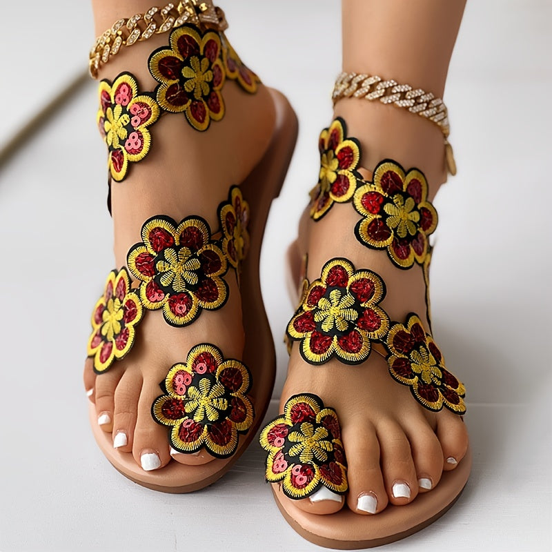 Faux Pearl Women's Flowers Flat Sandals, Fashion Toe Loop Casual Beach Travel Slip On Shoes