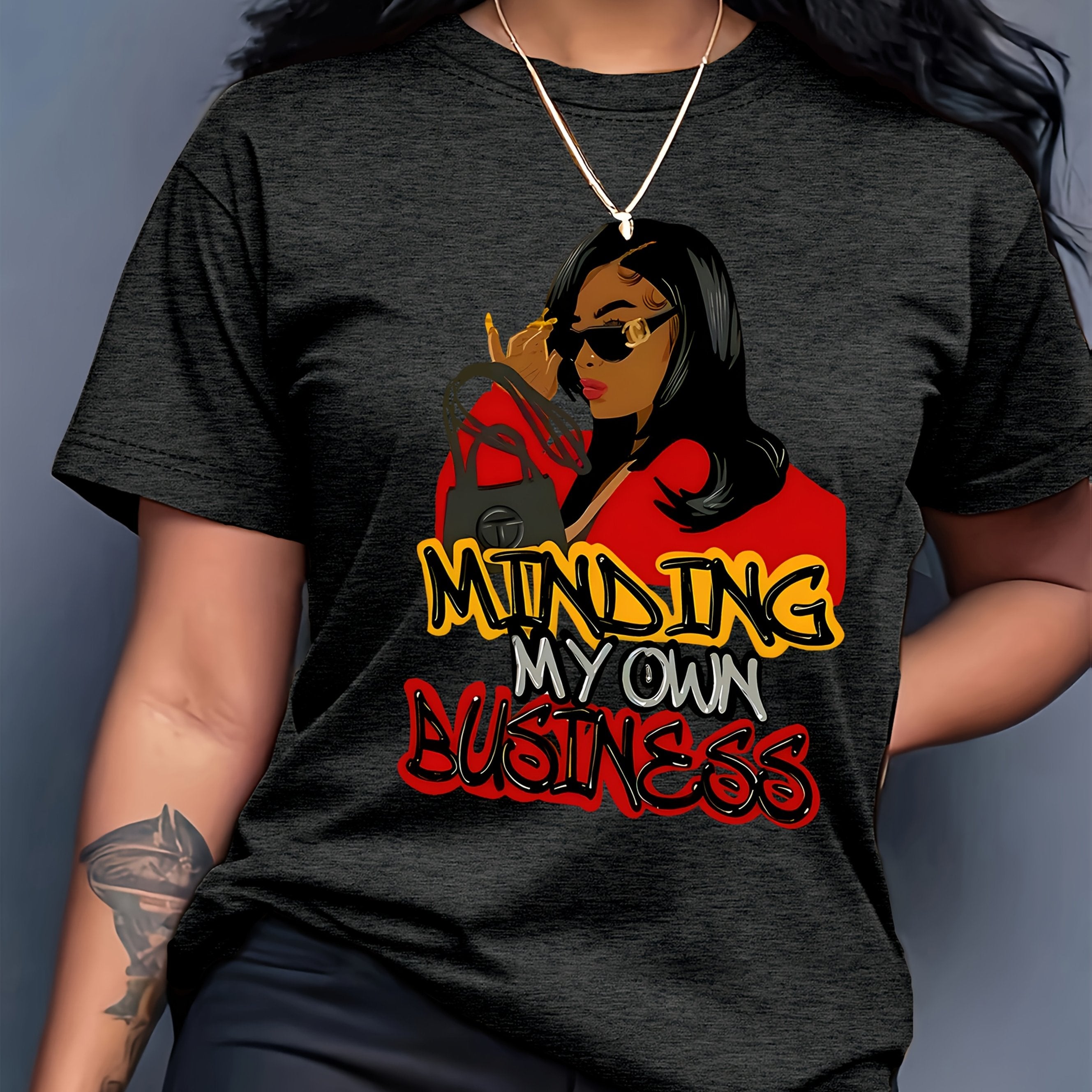 [Stylish T-Shirt] Polyester Women's Casual T-Shirt - Stylish Cartoon Character Print "MINDING MY OWN BUSINESS" Design, Machine Washable, All-Season Wear