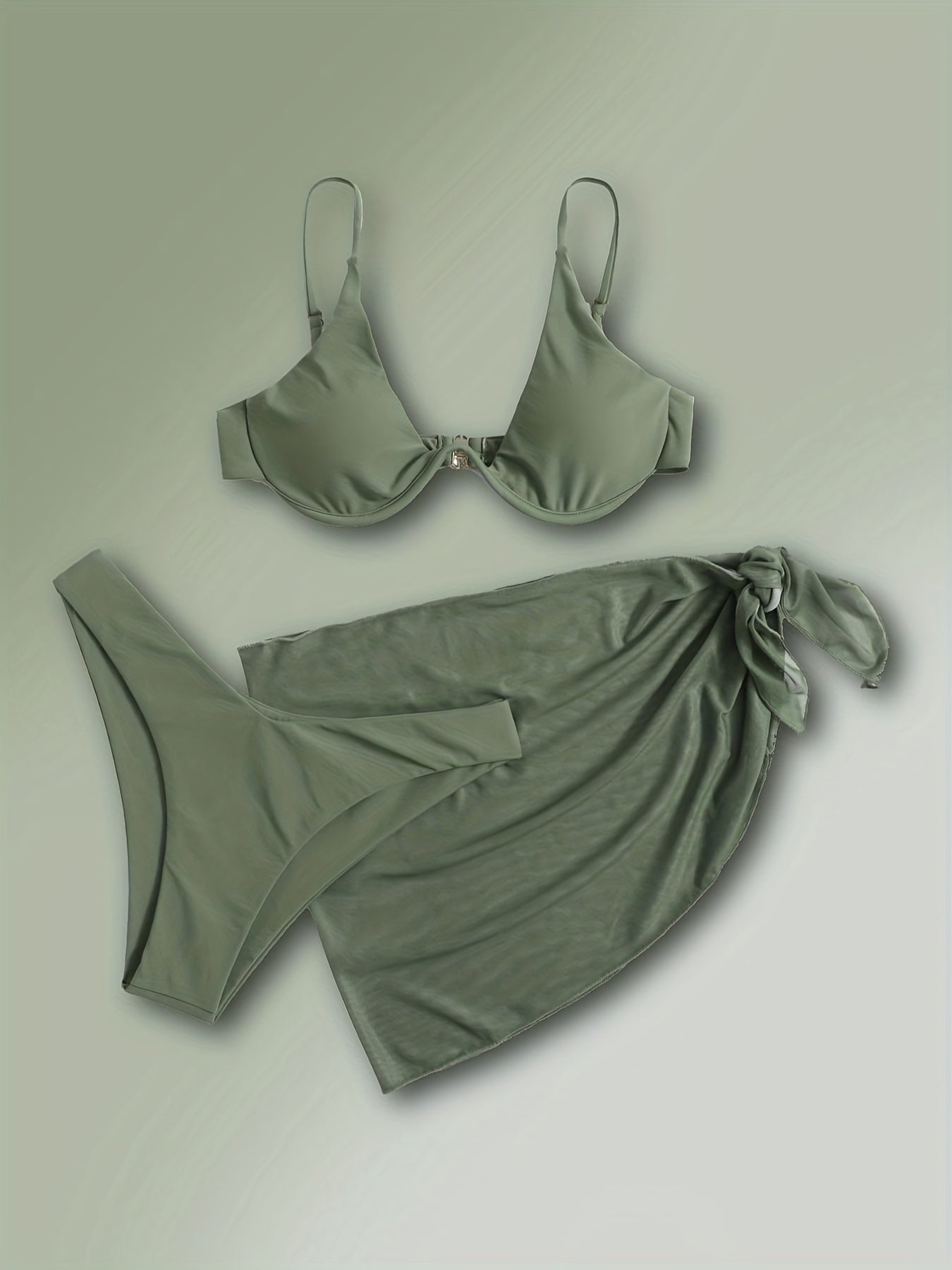 3 Piece Set Deep V Neck Stretchy Wrap Solid Color Spaghetti Strap Bikini With Mesh Tie Side Cover Up, Women's Swimwear & Clothing