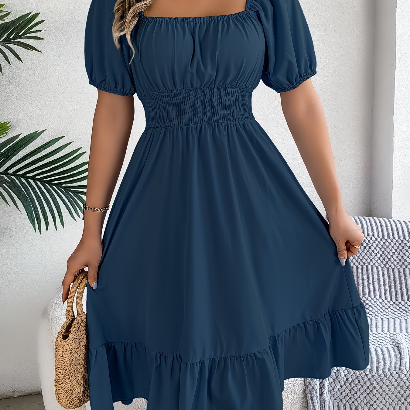 1pc Women'S Elegant Square Neck Short Sleeve A-Line Dress with Ruffle Detail, Polyester Woven Fabric, Solid Color, Spring/Summer/Autumn Collection