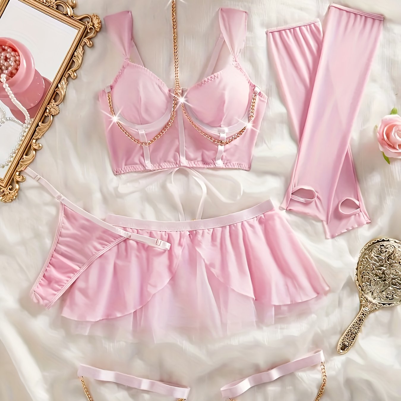 Hot Fashion Design Lingerie Set, Chain Tie Neck Tight Corset&skirt&sleeves&thong And Leg Rings, Women's Sexy Lingerie And Underwear