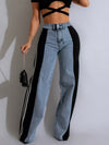 S391301 Fashion Striped Patchwork Wide-Leg Pants Casual Stretchy Waist Straight Trousers for Women