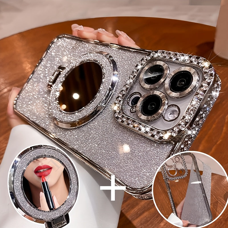 New Luxury Premium Flash Double Row Diamond Mirror Magnetic Stand Full Lens Phone Case for Apple iPhone 16 15 Promax 14 Plus 13 Pro 12 11 Pro Max/Niche Transparent Anti-drop Soft Adhesive Protection Back Cover/boyfriend And G