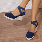Women's Comfortable Slip-On Wedge Sandals - Casual All-Season Platform Shoes with Elastic Cross Straps, Round Toe, and Non-Slip Sole - For Women - Suitable for Summer, Spring, Fall - Perfect for Casual Outings, Shopping, and
