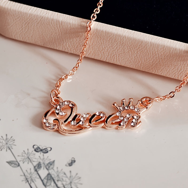QUEEN Design Shiny zirconia Inlaid Pendant Necklace Boho Elegant Style Alloy Jewelry Statement Female Necklace