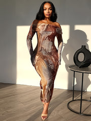 Tie Dye Off Shoulder Dress - Elegant Long Sleeve Bodycon Dress For Party & Club - Polyester - For Women - Suitable for Weddings, Engagements, Parties - Perfect Gift for Her