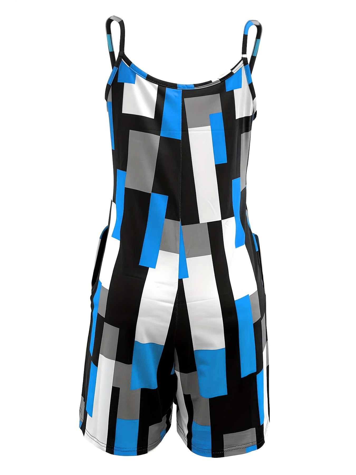 Women's Summer V-Neck Color Block Print Romper with Pockets - Stylish Sleeveless Jumpsuit in Orange, Black, White & Gray, Casual Knit Polyester Blend, Machine Washable, Stylish Leisurewear | Pocketed Outfit | Casual Elegance