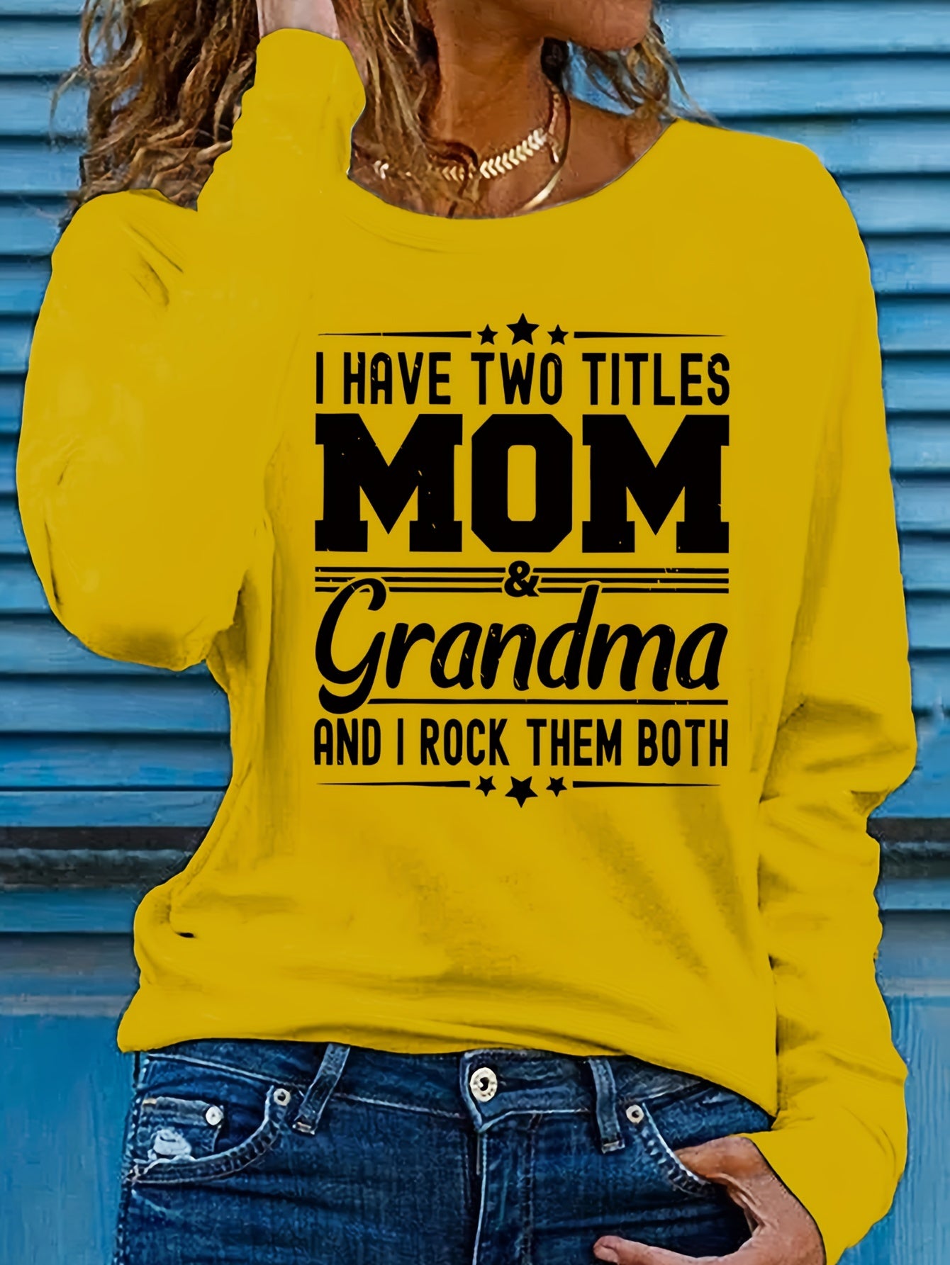 Women'S Long Sleeve Crew Neck T-Shirt with "Mom & Grandma" Letter Print, Casual Polyester Top for All Seasons, Knit Fabric with Medium Stretch, Regular Fit - Applique Detail