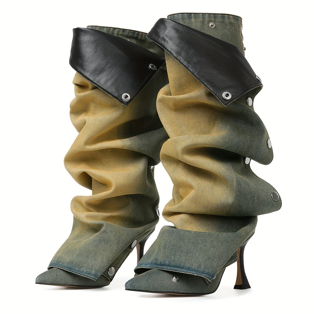 Women's Sexy Metallic Ruched Slouchy Knee-High Boots with Pointed Toe & Detachable Design - Stiletto Heel, Zipper, PU Cover & Rubber Sole for Dates, Casual Outings, High Heel Boots