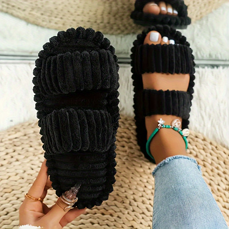 Elegant Women's Plush Slippers with Warm Lining - Striped Open Toe, Non-Slip EVA Sole, Cozy Indoor Comfort