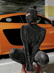 Glitter Mock Neck Jumpsuit, Backless Long Sleeve Slim Jumpsuit For Spring, Women's Clothing