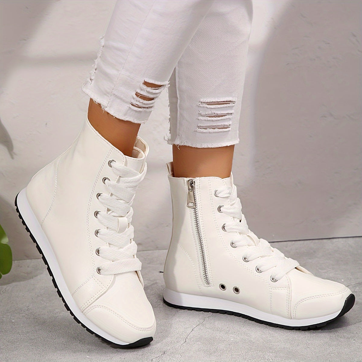 YMM980-99 White & Black Military Green High-Top Side Zipper Women'S Fashion Casual Versatile Inner Zipper Lace-Up Comfortable Breathable Sports Ankle Boots