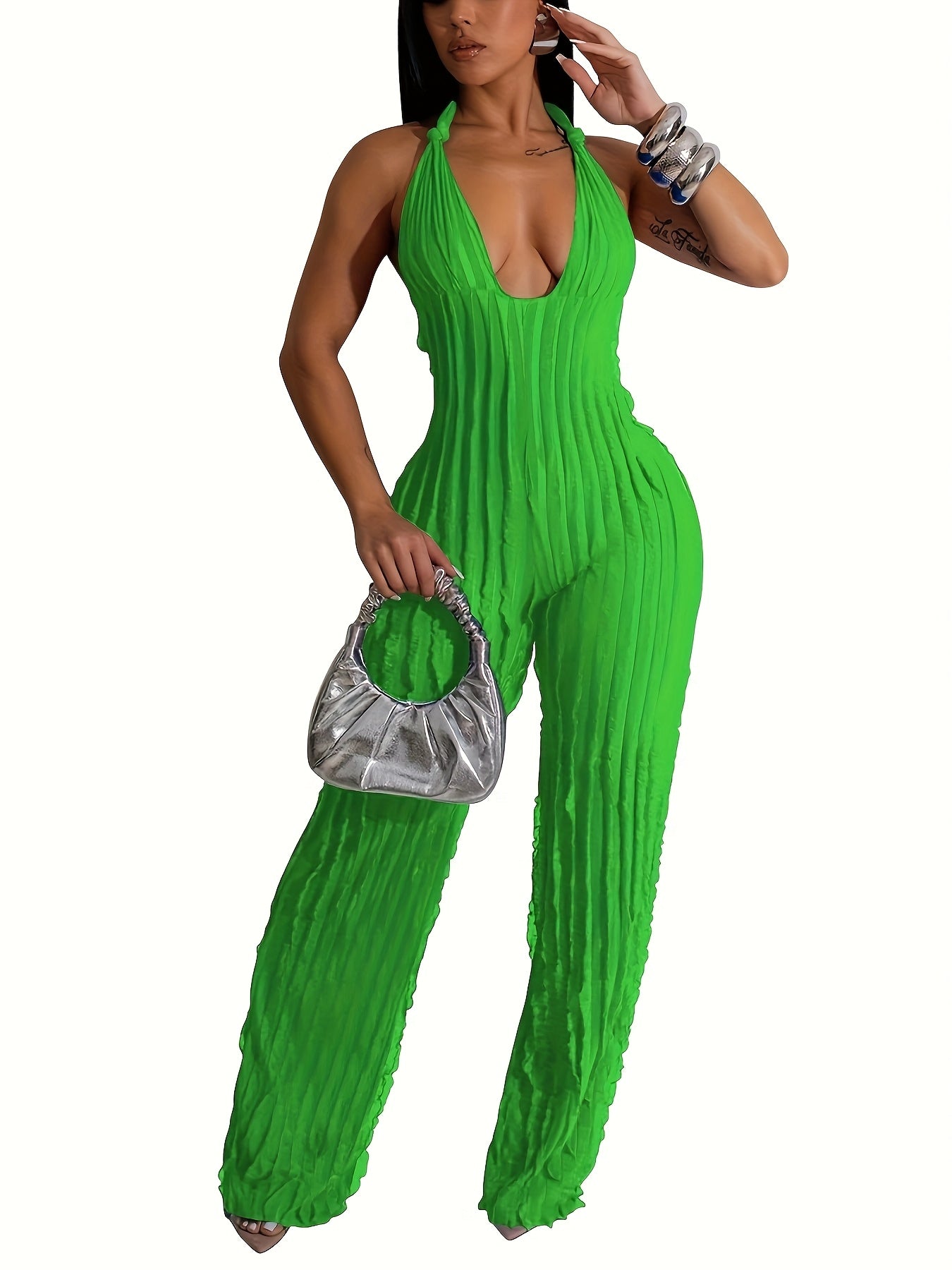 Royal Blue Halter Neck Jumpsuit for Women - Sexy Backless Pleated Wide Leg Romper, Boho Style, Deep V-Neck, Sleeveless, Machine Washable, Ladies Rompers And Jumpsuits