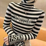 Striped Pattern Turtle Neck Sweater - Casual Long Sleeve Slim Fit Pullover Sweater for Fall & Winter - Women's Clothing - Soft & Cozy Fabric - Perfect Gift for Women
