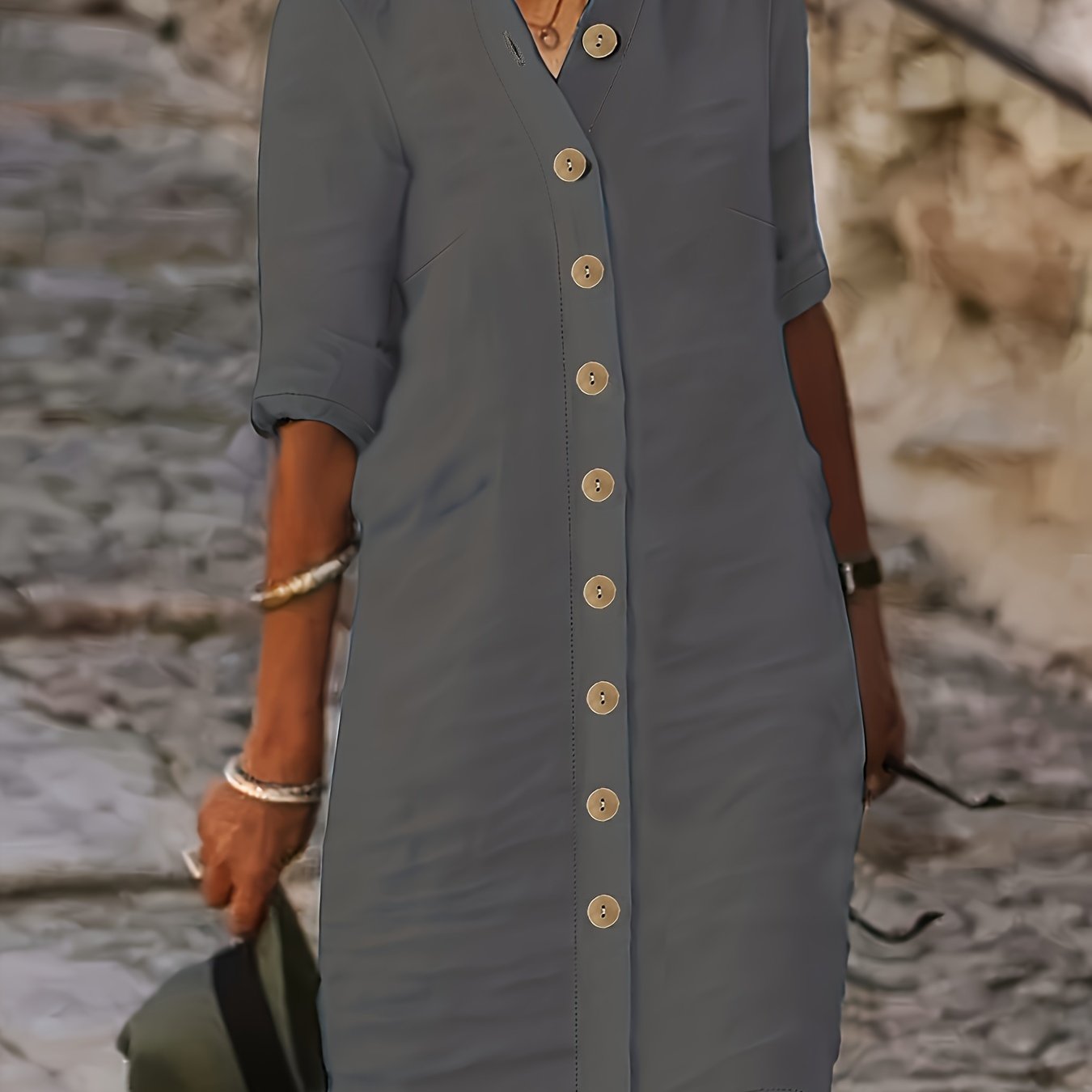 Women's Navy Blue Casual Shirt Dress - Single-Breasted Collar, Half Sleeve, Straight Cut, Machine Washable, Spring/Fall Fashion