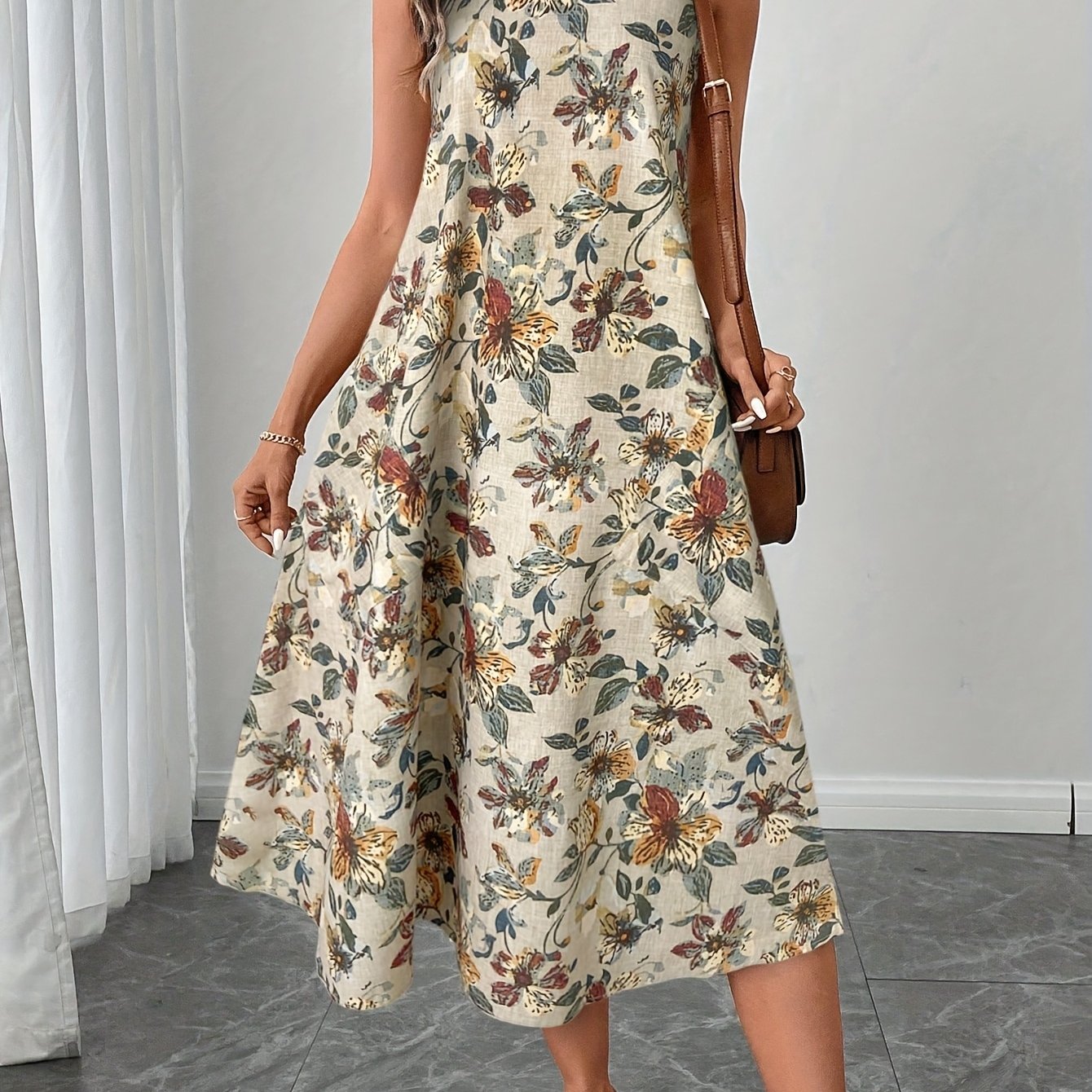 Women'S Floral Print Sleeveless A-Line Midi Dress - Casual Elegant Vacation Dress with Round Neck, White Sneakers, Brown Shoulder Bag, Perfect for Adult, Casual Attire|Floral Print Dress|Sleeveless Dress
