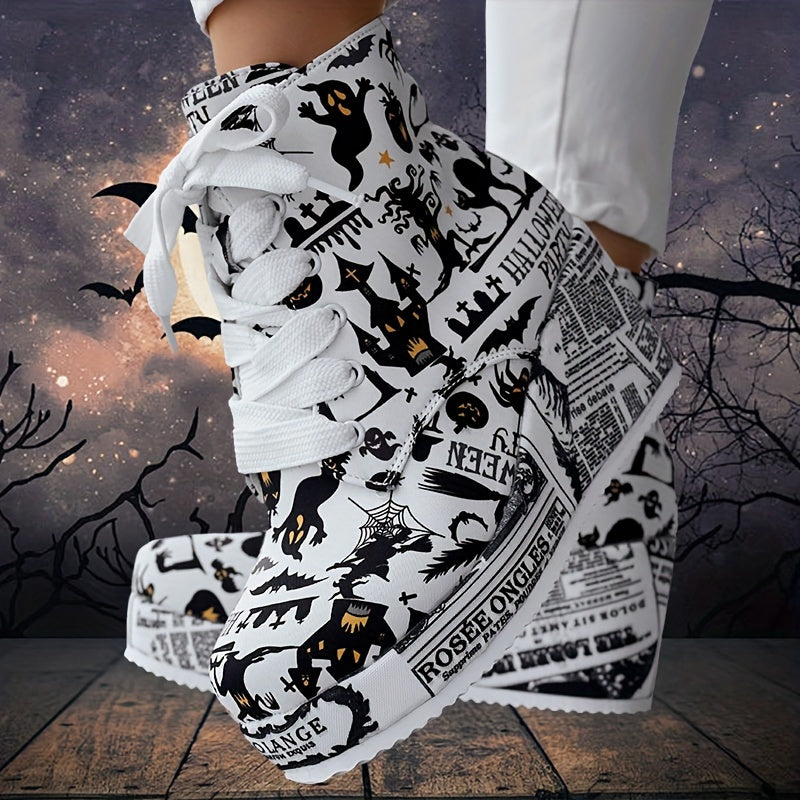 Women's Halloween Theme Boots, Lace Up Platform Lace Up Walking Shoes, High-top Wedge Winter Boots
