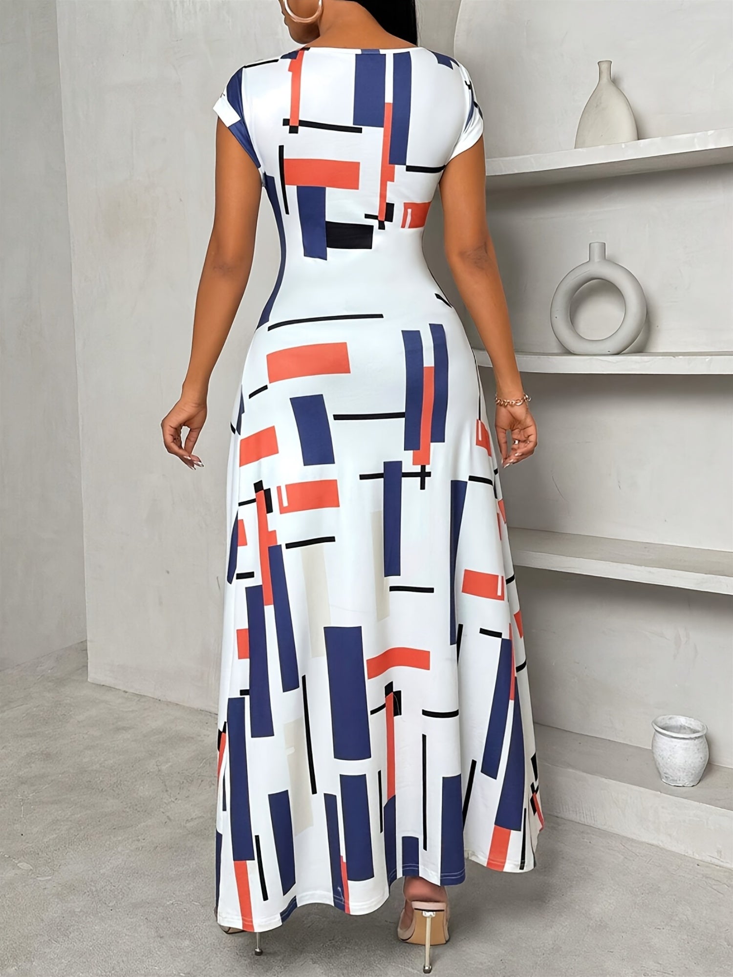 Women'S Geometric Print Round Neck Short Sleeve Casual T-shirt With Side Slit Hem Long Top, Spring/summer Women'S Wear