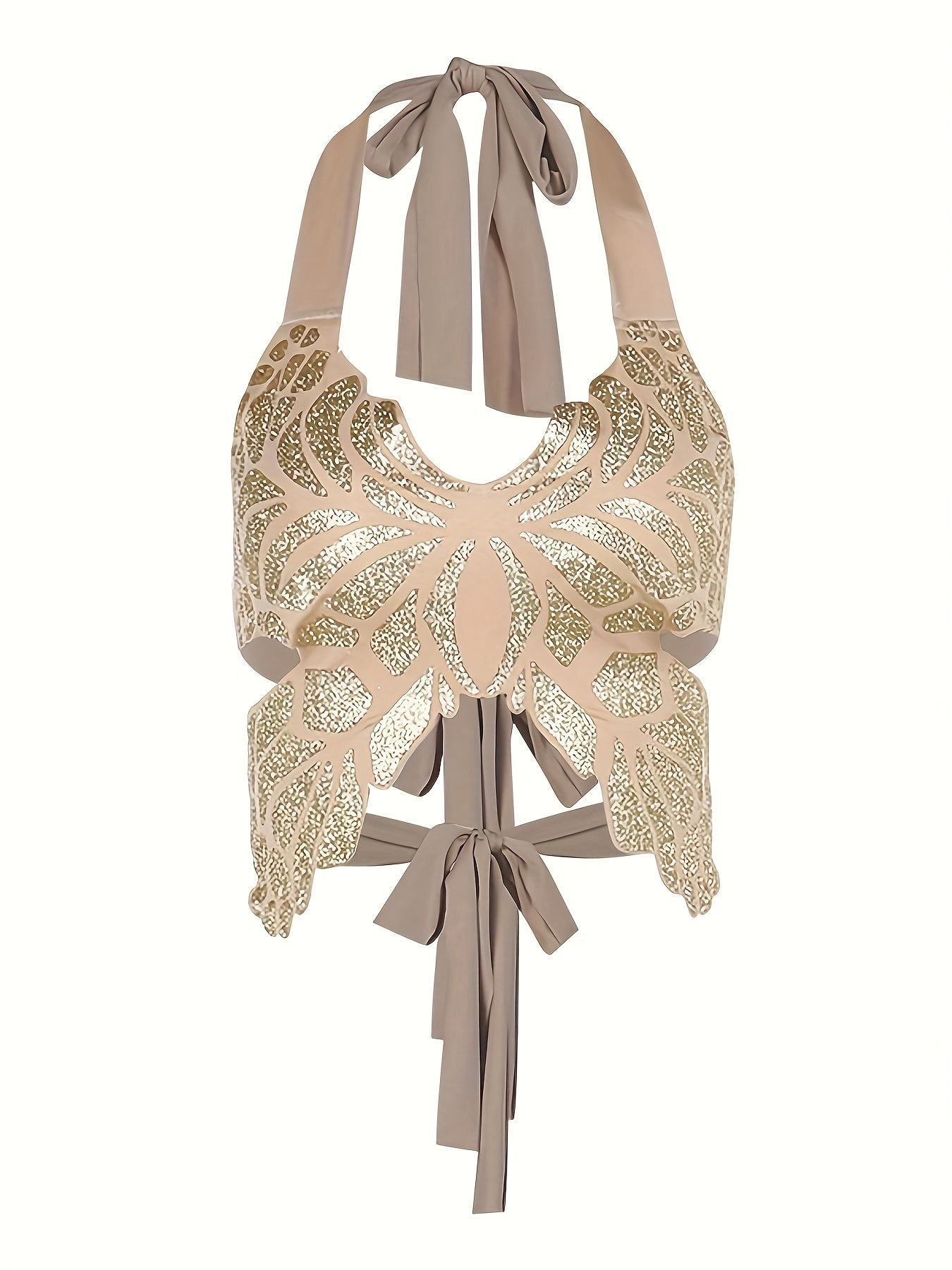 Women's Sexy Butterfly-Shaped Crop Top - V-Neck Buttonless Adjustable Back Tie, Shimmering Golden Sequin Solid Color Vest for Valentine's Day, Carnival & Party Wear - Spring/Summer/Fall Elegant Special Collection