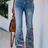 Women's Vibrant Floral Print Flared Jeans - Casual Bell Bottom Denim Pants with Slash Pockets, Stretchy & Comfortable, Perfect for All Seasons
