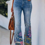 Women's Vibrant Floral Print Flared Jeans - Casual Bell Bottom Denim Pants with Slash Pockets, Stretchy & Comfortable, Perfect for All Seasons