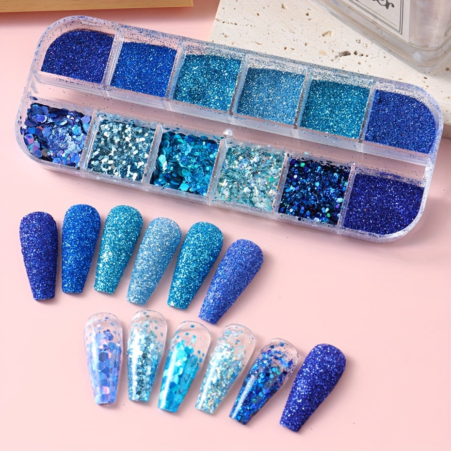 FULL BEAUTY Sparkly Blue Nail Glitter Set: 12 Grids of Shimmering Blue Sequins, Diamond Chrome, Fine Powder, Dust, Chunky Flakes, and Paillettes for DIY Manicure Decoration