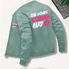 Everyday Comfort, Women's "Real Women Hustle Hard" Casual Bomber Jacket - Mint Green, Long Sleeve, Zip-Up with Pink Lips Graphic, Polyester Blend, Machine Washable, Motivational Apparel|Trendy Bomber Jacket|Smooth Texture Fab