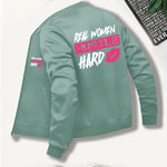 Everyday Comfort, Women's "Real Women Hustle Hard" Casual Bomber Jacket - Mint Green, Long Sleeve, Zip-Up with Pink Lips Graphic, Polyester Blend, Machine Washable, Motivational Apparel|Trendy Bomber Jacket|Smooth Texture Fab