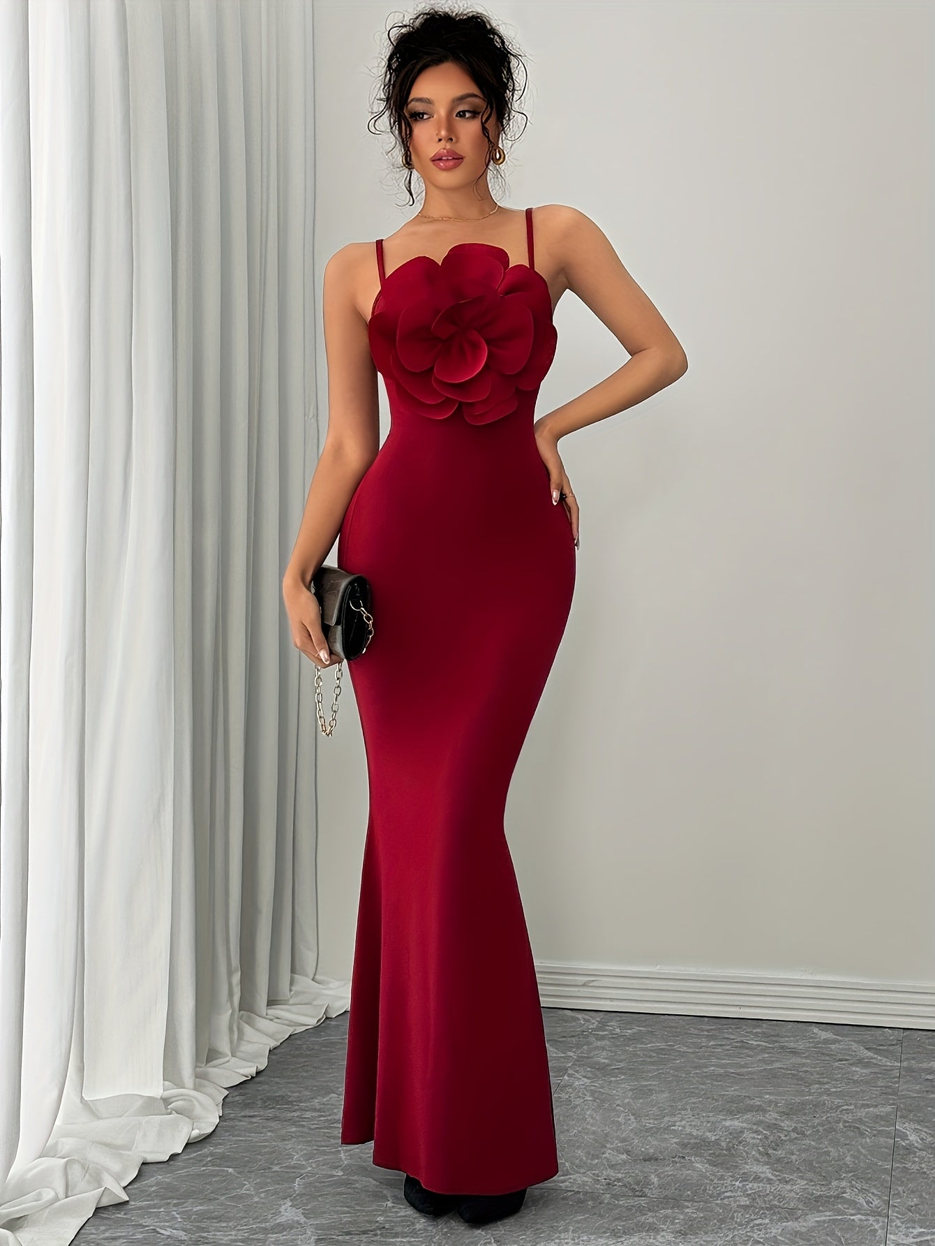 Women'S Stylish Red Off-Shoulder Gown with Large Floral Embroidery - Polyester, Bodycon Fit, Knit Fabric, Perfect for Adult, All Season, Elegant Evening Wear, Floral Embroidery Dress | Offshoulder Gown | Knit Fabric Gown